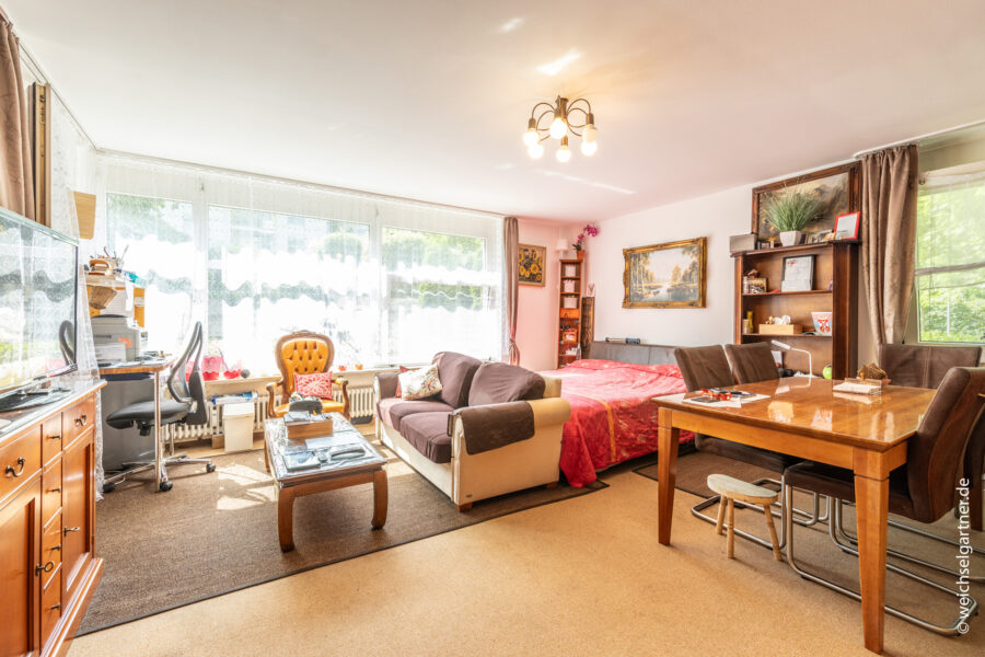 Renovierungsbedürftige Gartenwohnung direkt im Arabellapark - Wohnzimmer